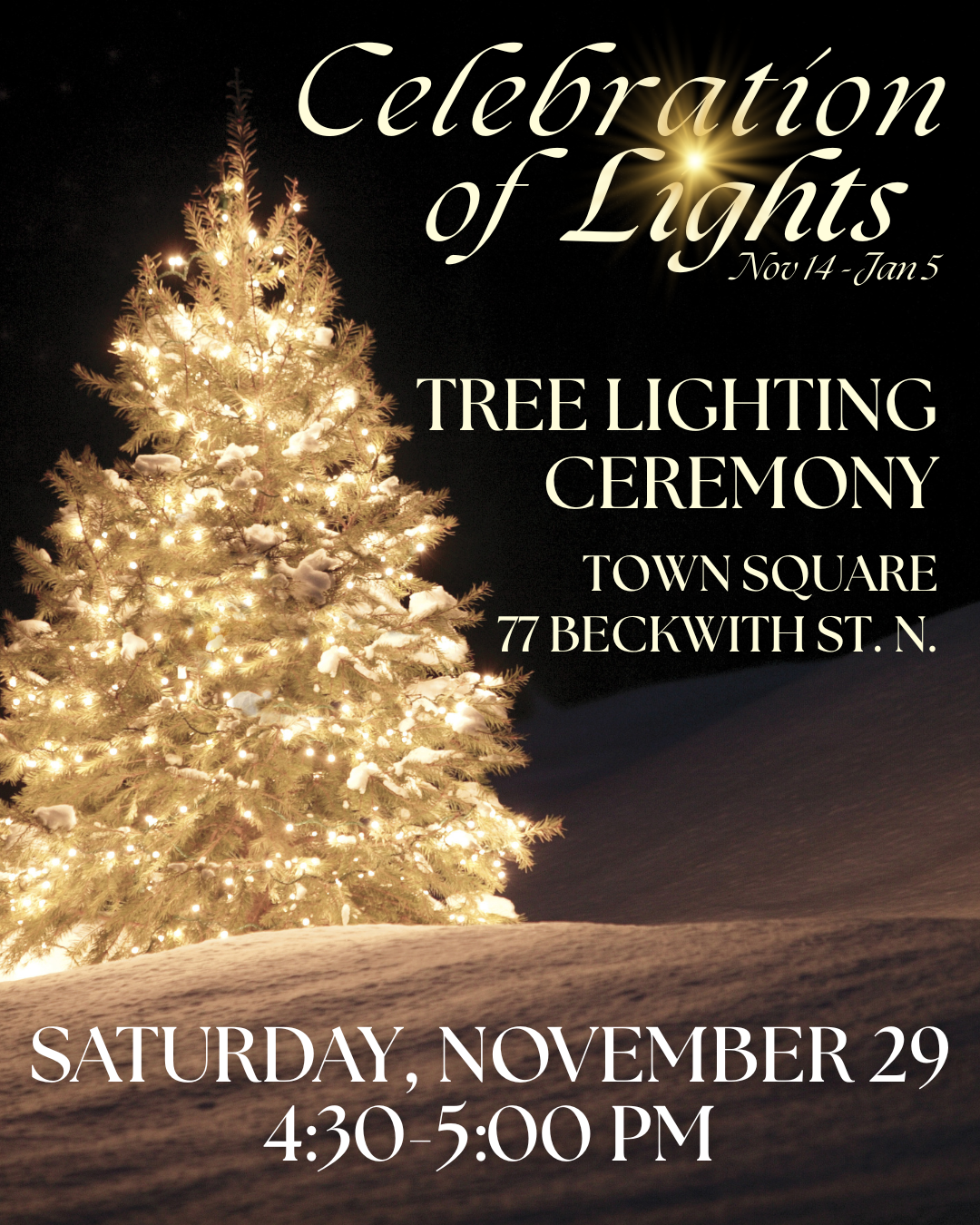 Tree Lighting Ceremony November 29 5 pm at Town Square
