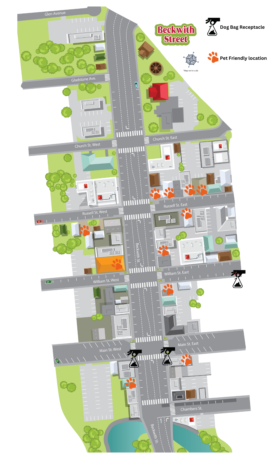 map of Beckwith street highlighting pet friendly locations.