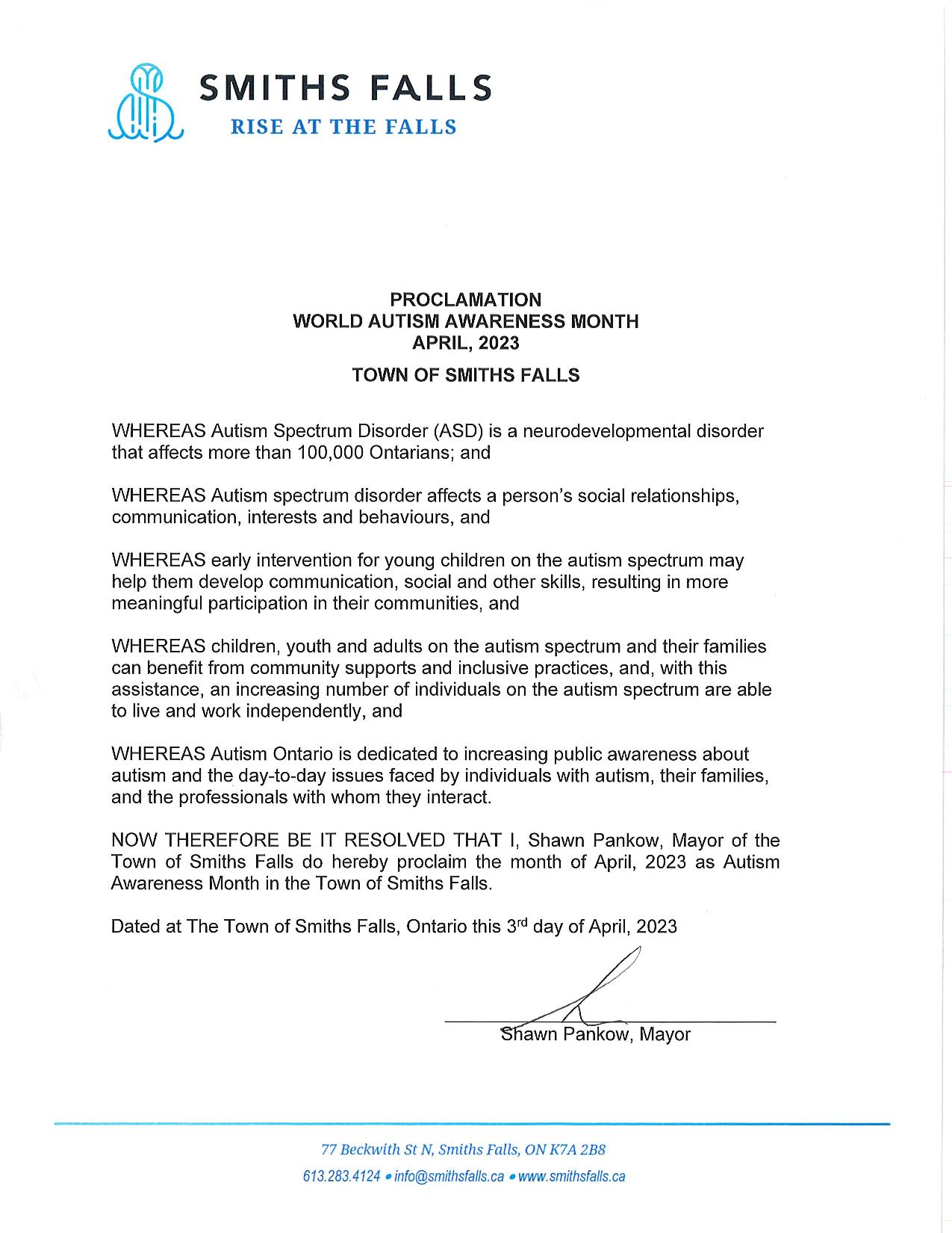 Mayor Pankow Proclamation of World Autism Awareness Month