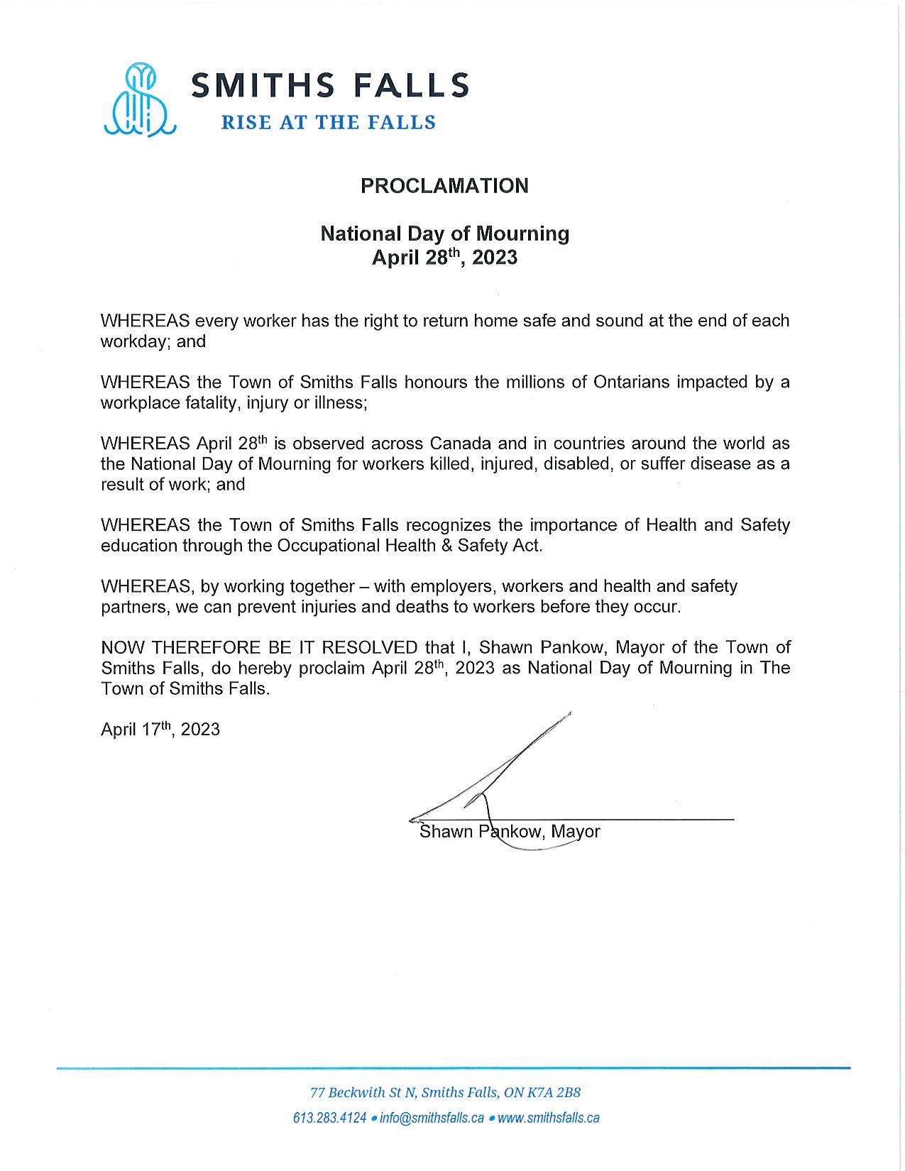Mayor proclamation of National Day of Mourning