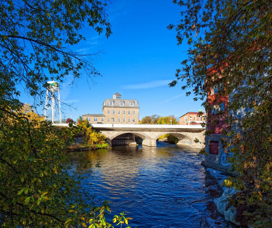 vehicle bridge over water, a water tower and buildings