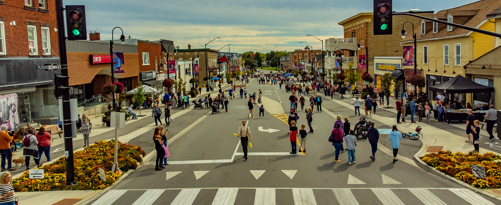 Downtown Smiths Falls streets with people walking