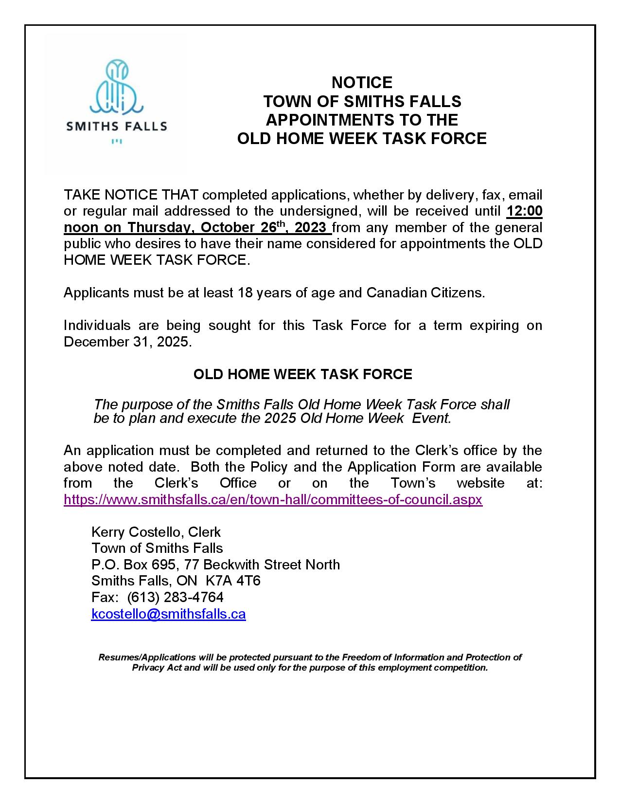 Old Home Week Task Force Notice