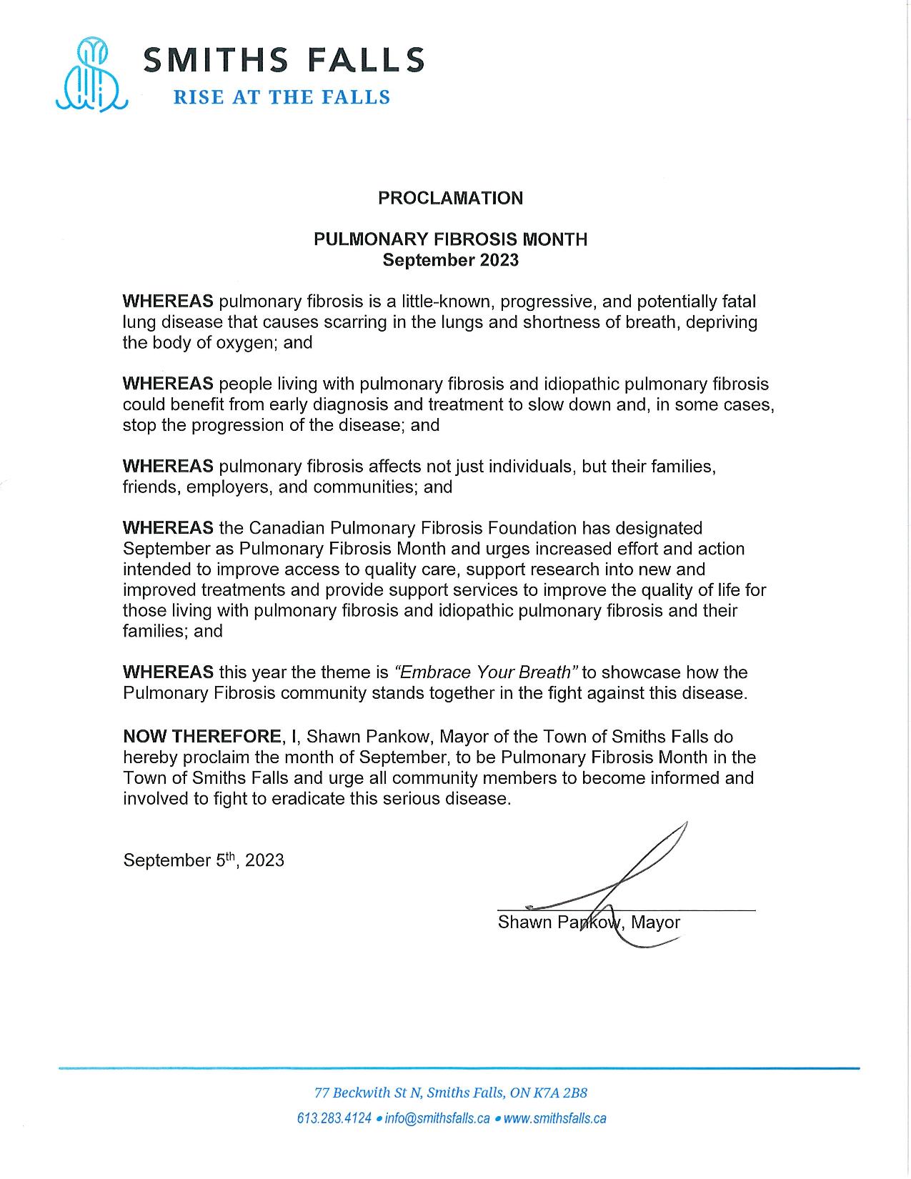Mayor's Proclamation on Pulmonary Fibrosis month
