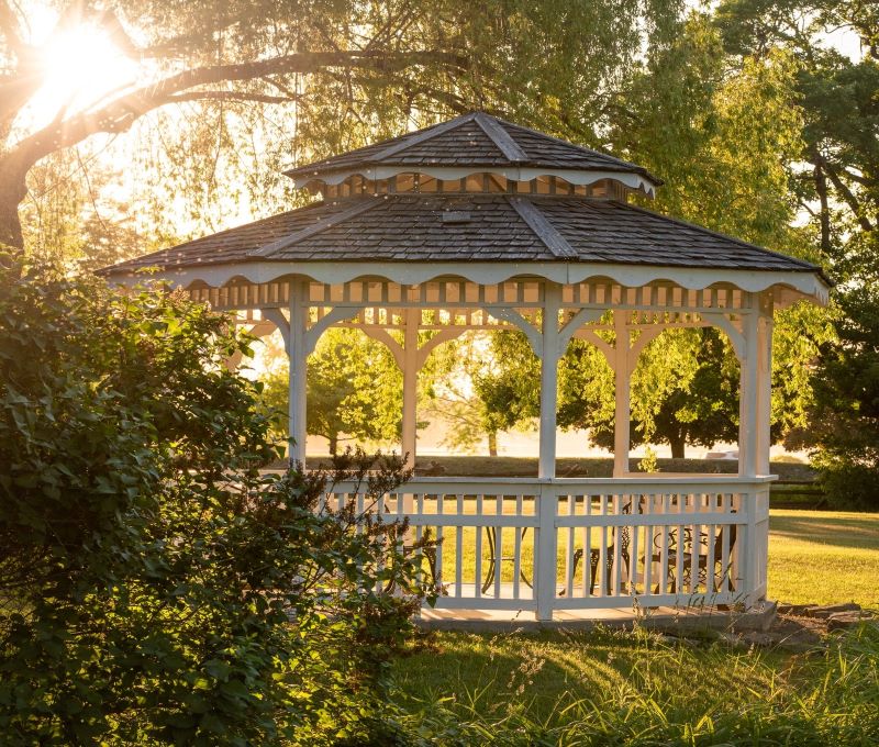 Outdoor gazebo at sunset