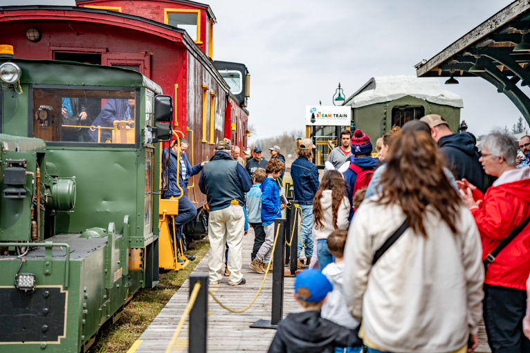 Crowds on the platform at The Railway Museum of Eastern Ontario.
